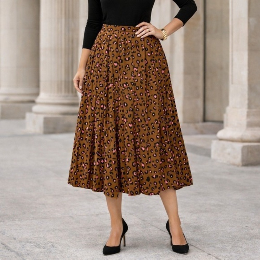 J. Crew Factory Leopard Print Pleated Midi Skirt Size 8 Brown Pink Old‎ Money